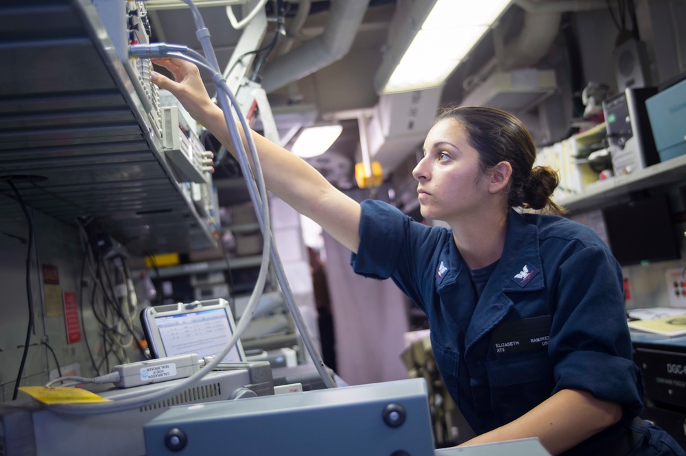 Aviation Electronics Technicians Conduct Routine Equiptment Tests Onboard USS Bonhomme Richard