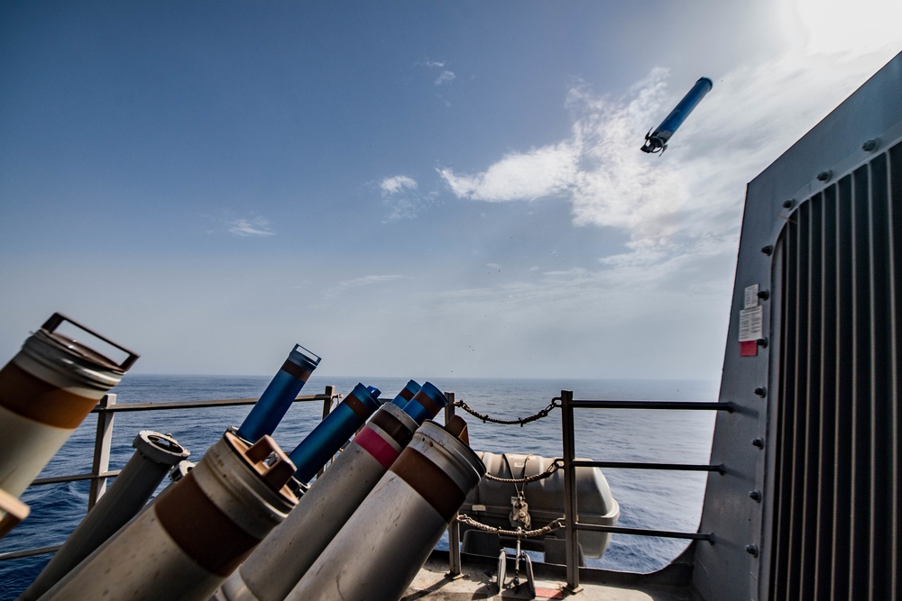 USS Jason Dunham (DDG 109) launches chaff