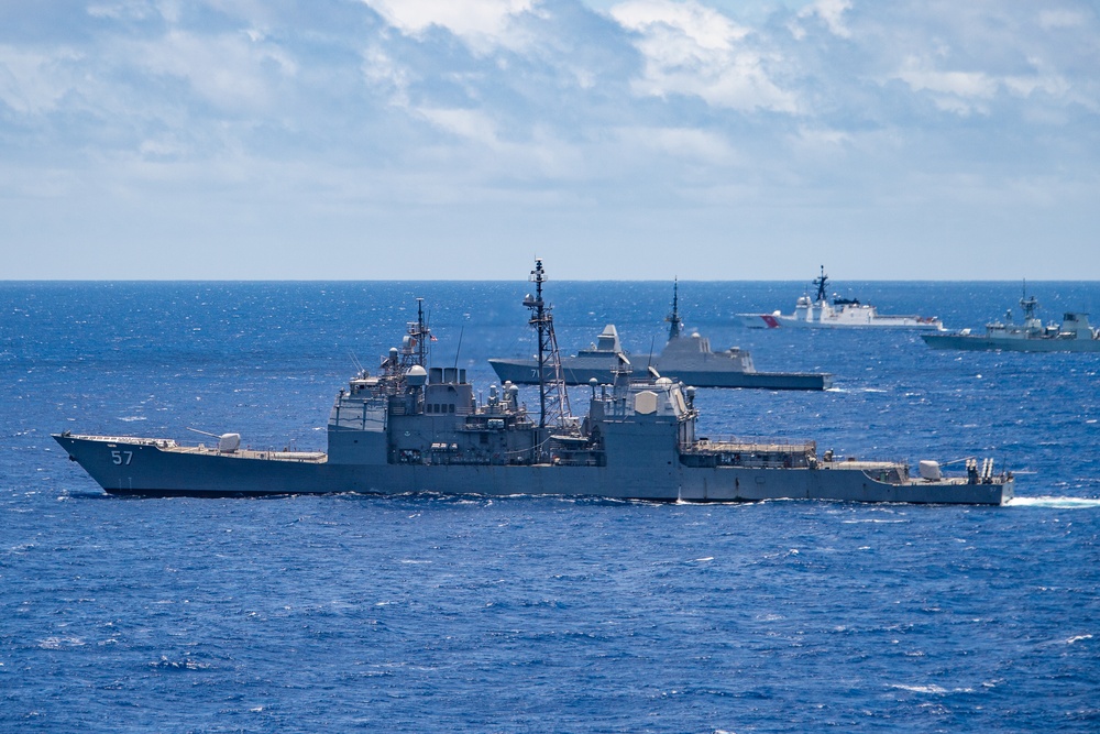 USS Lake Champlain sails with partner nations during RIMPAC