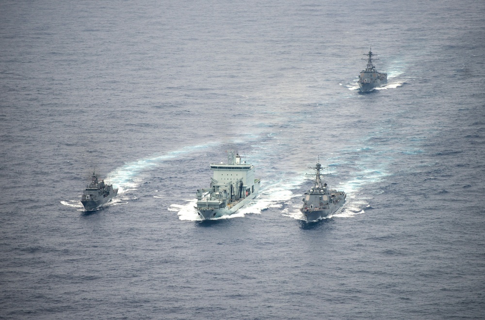 HMNZS Te Mana, MV Asterix and USS Dewey Conduct Replenishment-At-Sea