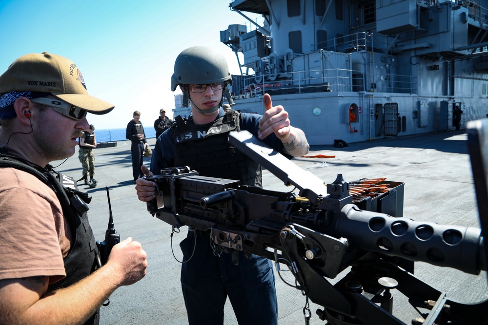 Sailors participate in crew served weapons training aboard the Blue Ridge-class command and control ship USS Mount Whitney (LCC 20) in the Mediterranean Sea, July 21.