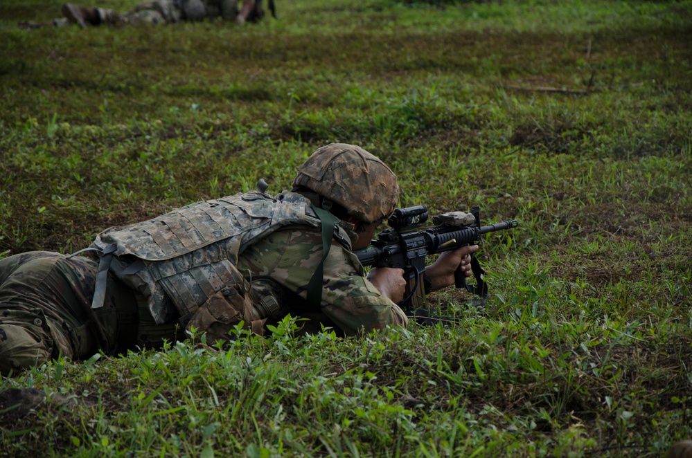 Charlie Company, 100th Infantry Regiment, storms the objective on a live fire range