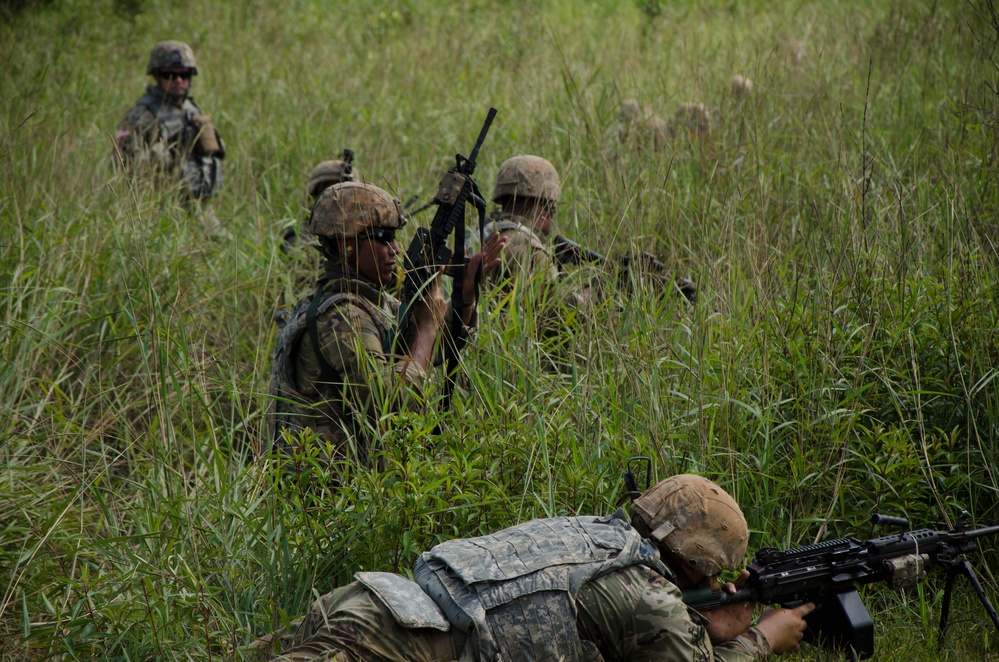 Charlie Company, 100th Infantry Regiment, storms the objective on a live fire range