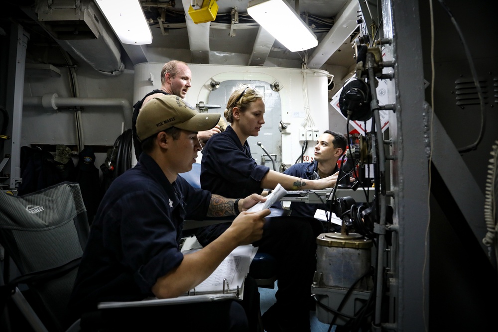 Sailors participate in crew served weapons training aboard the Blue Ridge-class command and control ship USS Mount Whitney (LCC 20) in the Mediterranean Sea, July 21.