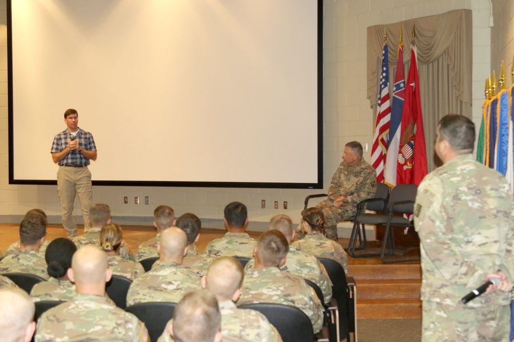 Secretary of Army Esper Answers A Question at Camp Shelby Town Hall