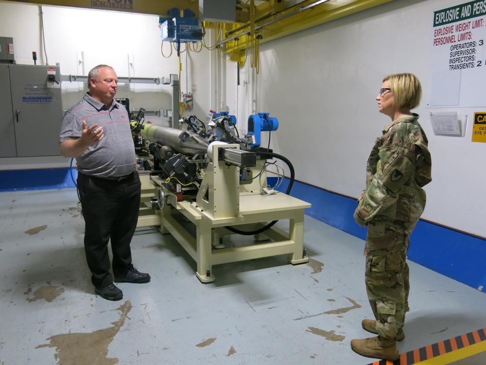 Col. Michelle M.T. Letcher, commander, Joint Munitions Command, tours the Multiple Launch Rocket System Family of Munitions facility at Letterkenny Munitions Center