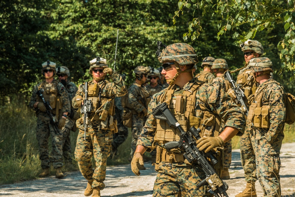 Marines dismounts maneuvering to an objective