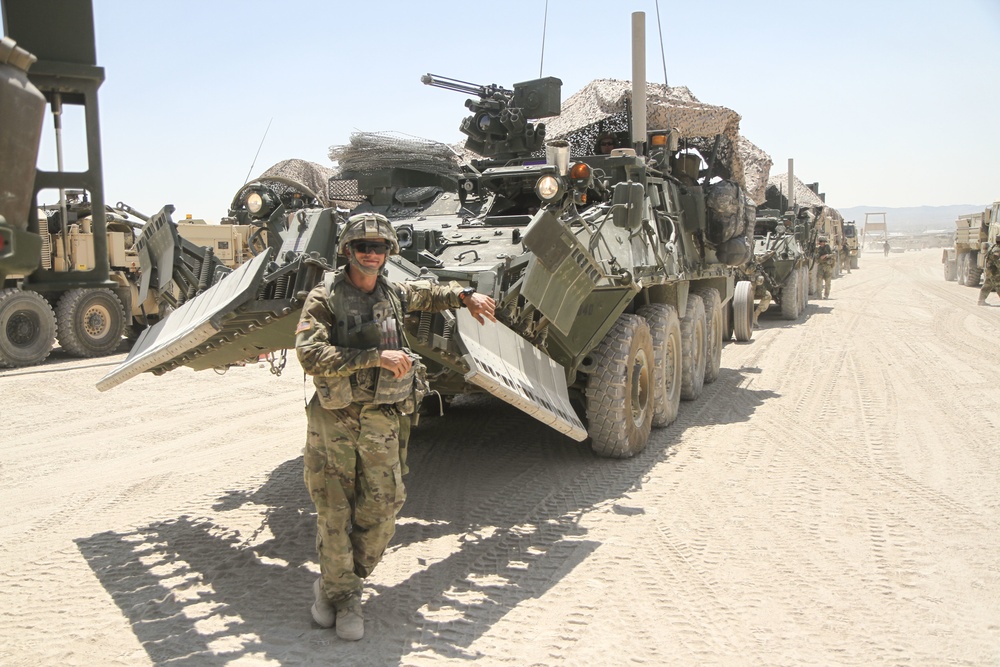 Soldiers with the 56th Stryker Brigade Combat Team roll out to the box