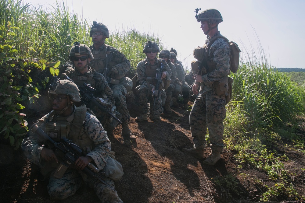 Marines with Company F fire and maneuver in Japan's hills