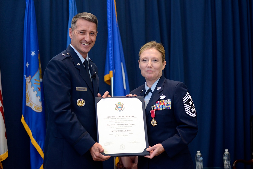 Command Chief Master Sergeant Lorraine F. Regan retired from the Air National Guard Readiness Center