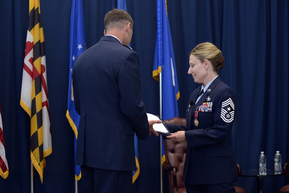 Command Chief Master Sergeant Lorraine F. Regan retired from the Air National Guard Readiness Center