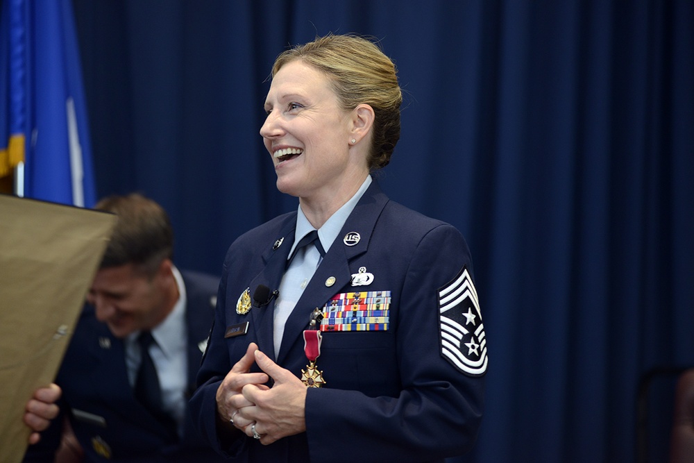 Command Chief Master Sergeant Lorraine F. Regan retired from the Air National Guard Readiness Center