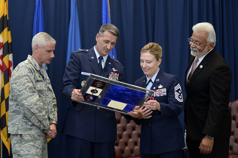 Command Chief Master Sergeant Lorraine F. Regan retired from the Air National Guard Readiness Center