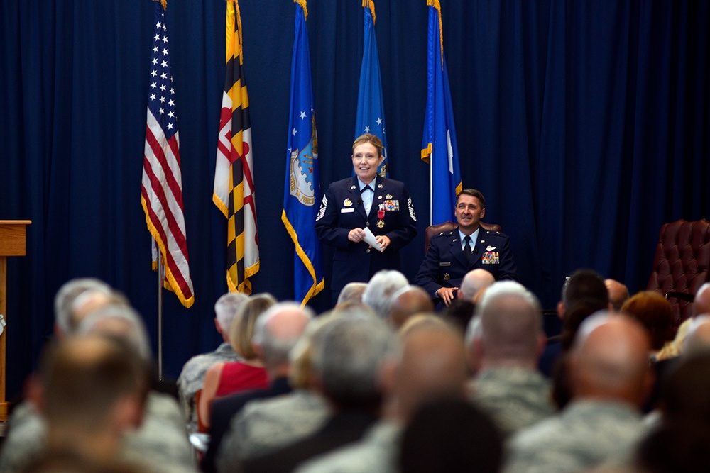 Command Chief Master Sergeant Lorraine F. Regan retired from the Air National Guard Readiness Center