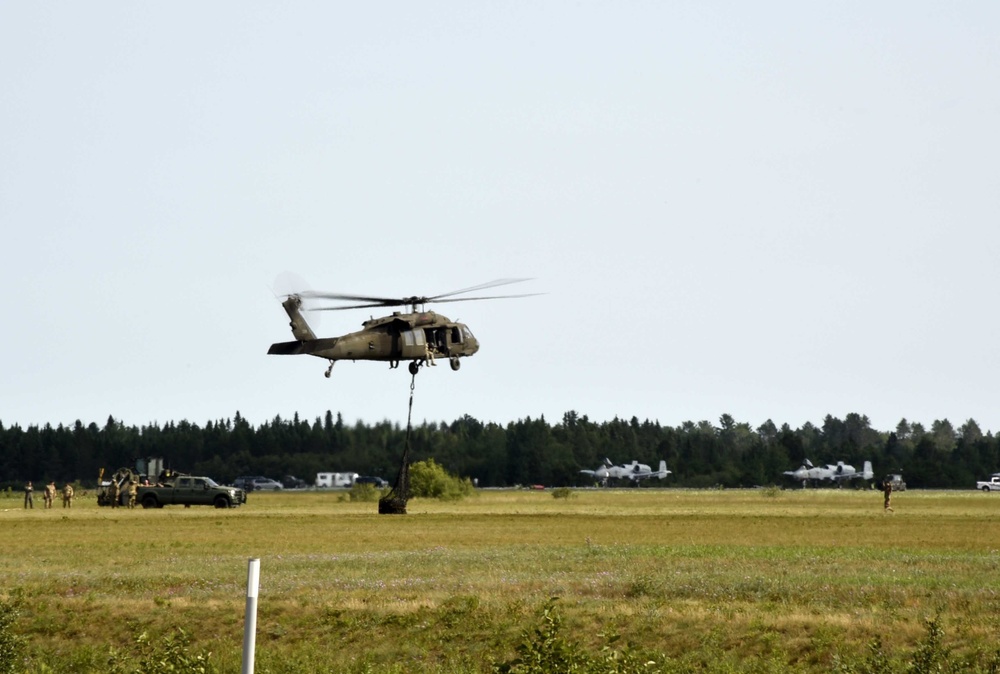 UH-60 Black Hawk helicopters practice sling-loading equipment exercise Northern Strike 18