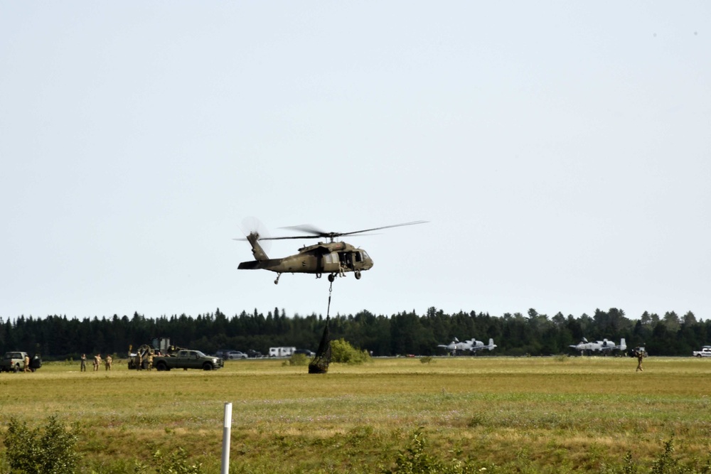 UH-60 Black Hawk helicopters practice sling-loading equipment exercise Northern Strike 18