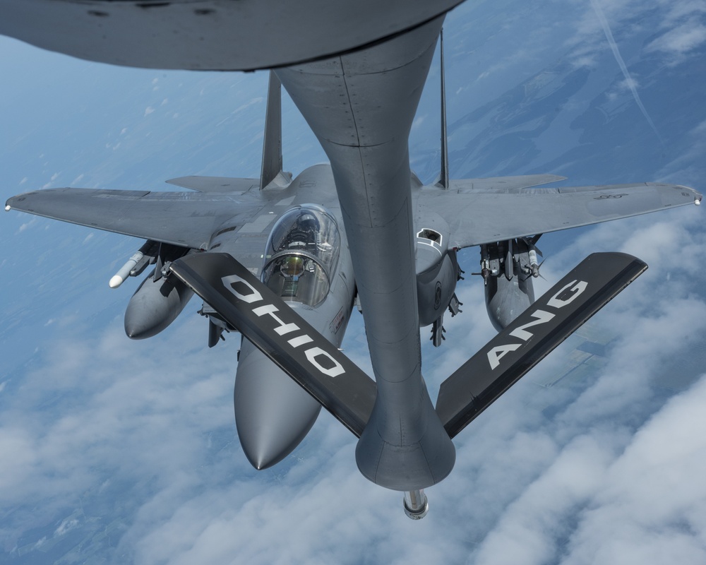 121st ARW KC-135 Stratotanker refuels Semour Johnson AFB F-15E Strike Eagles