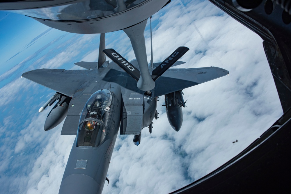 121st ARW KC-135 Stratotanker refuels Semour Johnson AFB F-15E Strike Eagles