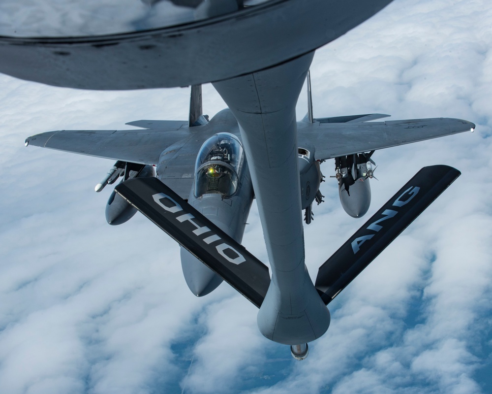 121st ARW KC-135 Stratotanker refuels Semour Johnson AFB F-15E Strike Eagles