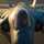 A front-facing close-up photograph of what appears to be an F-35 Lightning II stealth fighter jet parked on a tarmac or flight line. The aircraft is bathed in warm golden light consistent with sunrise or sunset conditions, highlighting its smooth stealth-optimized fuselage contours. The canopy reflects the ambient light dramatically, and squadron insignia patches are visible on both sides of the forward fuselage near the landing gear.