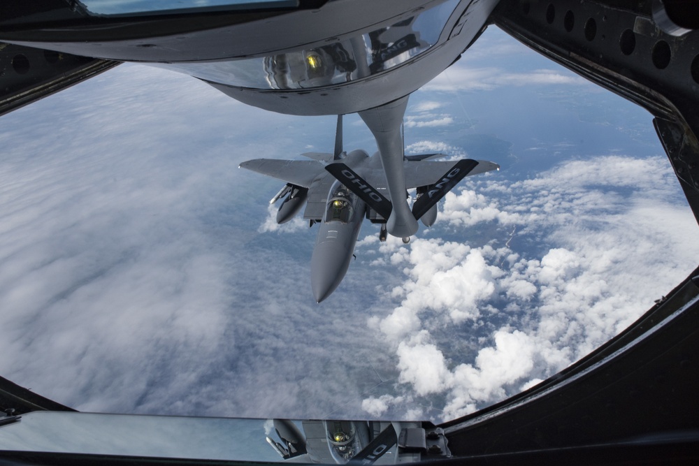 121st ARW KC-135 Stratotanker refuels Semour Johnson AFB F-15E Strike Eagles