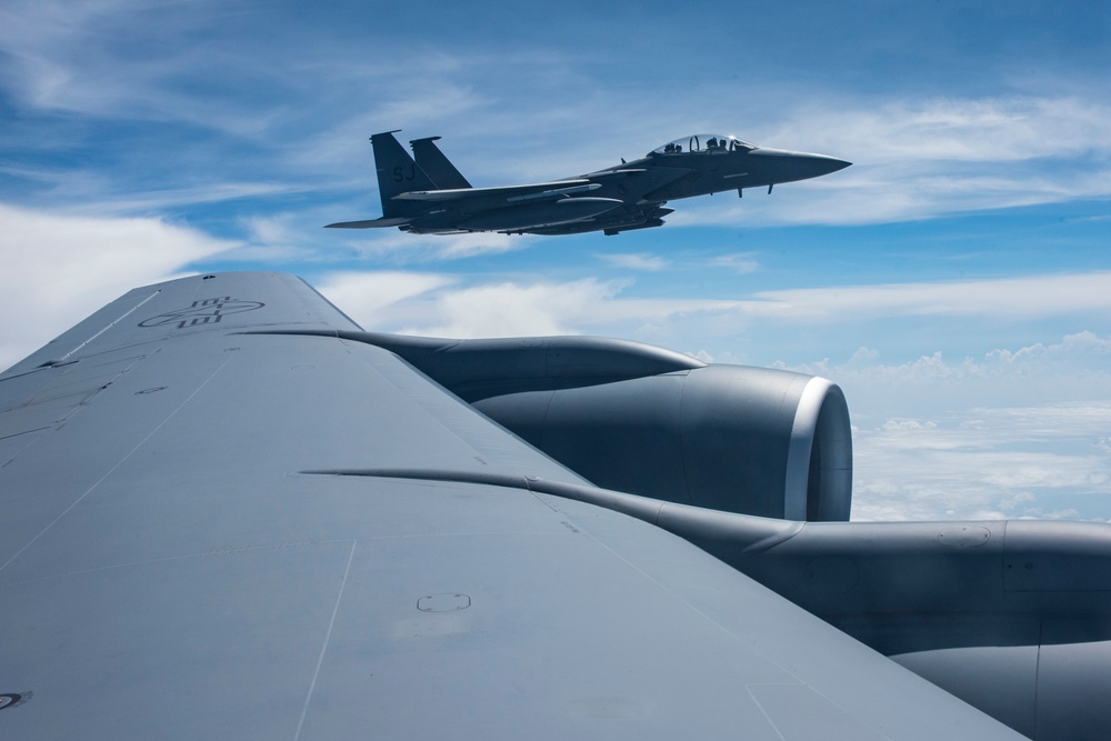 121st ARW KC-135 Stratotanker refuels Semour Johnson AFB F-15E Strike Eagles