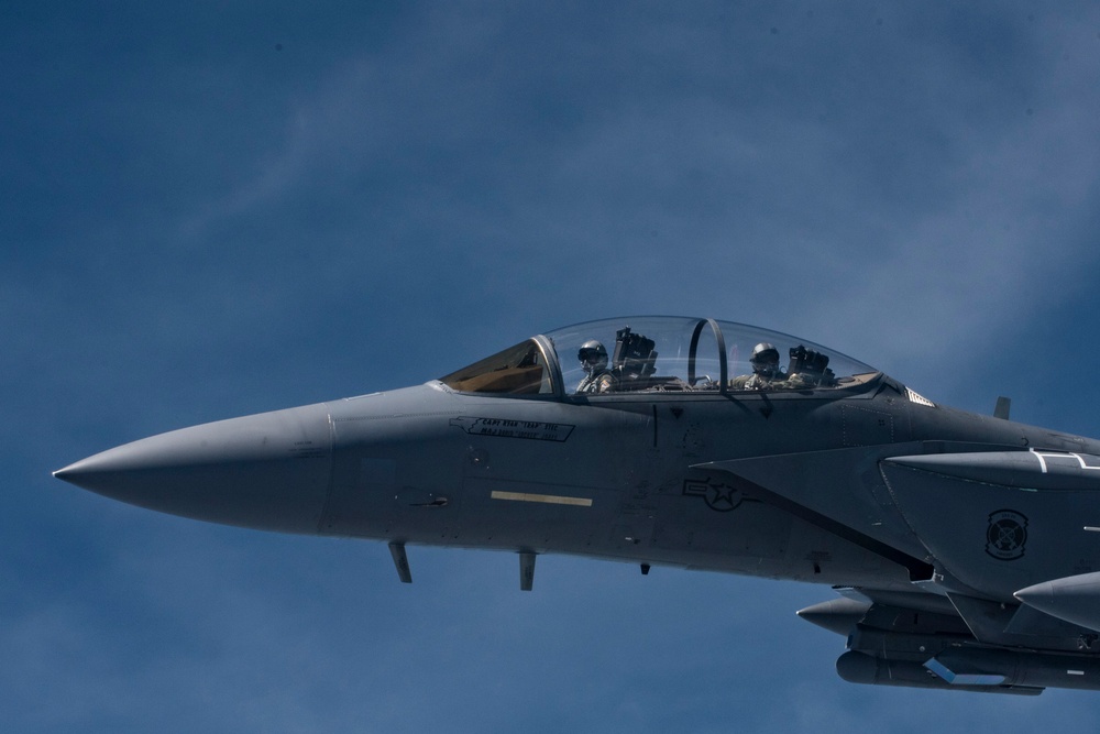 121st ARW KC-135 Stratotanker refuels Semour Johnson AFB F-15E Strike Eagles