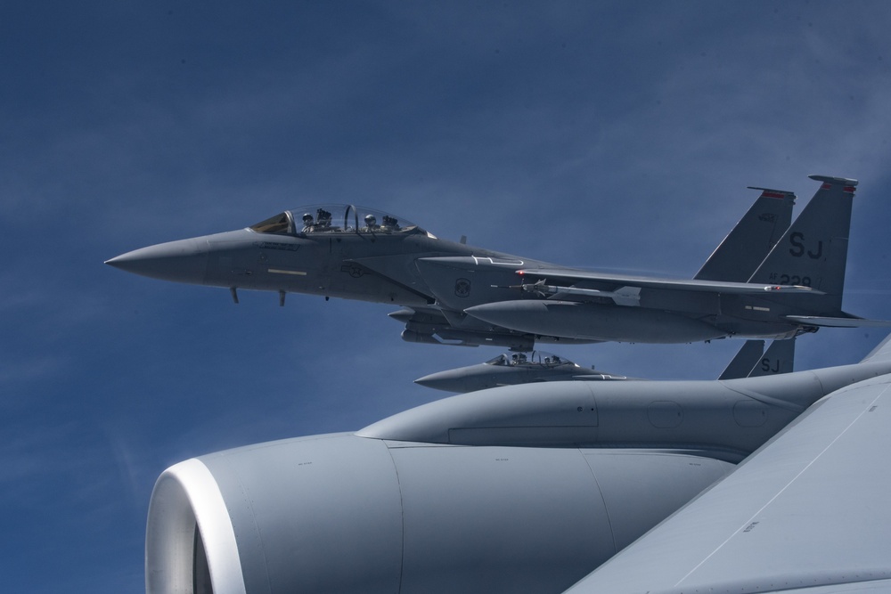 121st ARW KC-135 Stratotanker refuels Semour Johnson AFB F-15E Strike Eagles