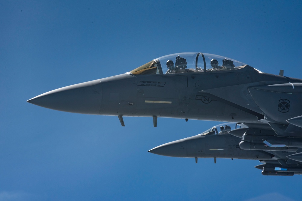 121st ARW KC-135 Stratotanker refuels Semour Johnson AFB F-15E Strike Eagles