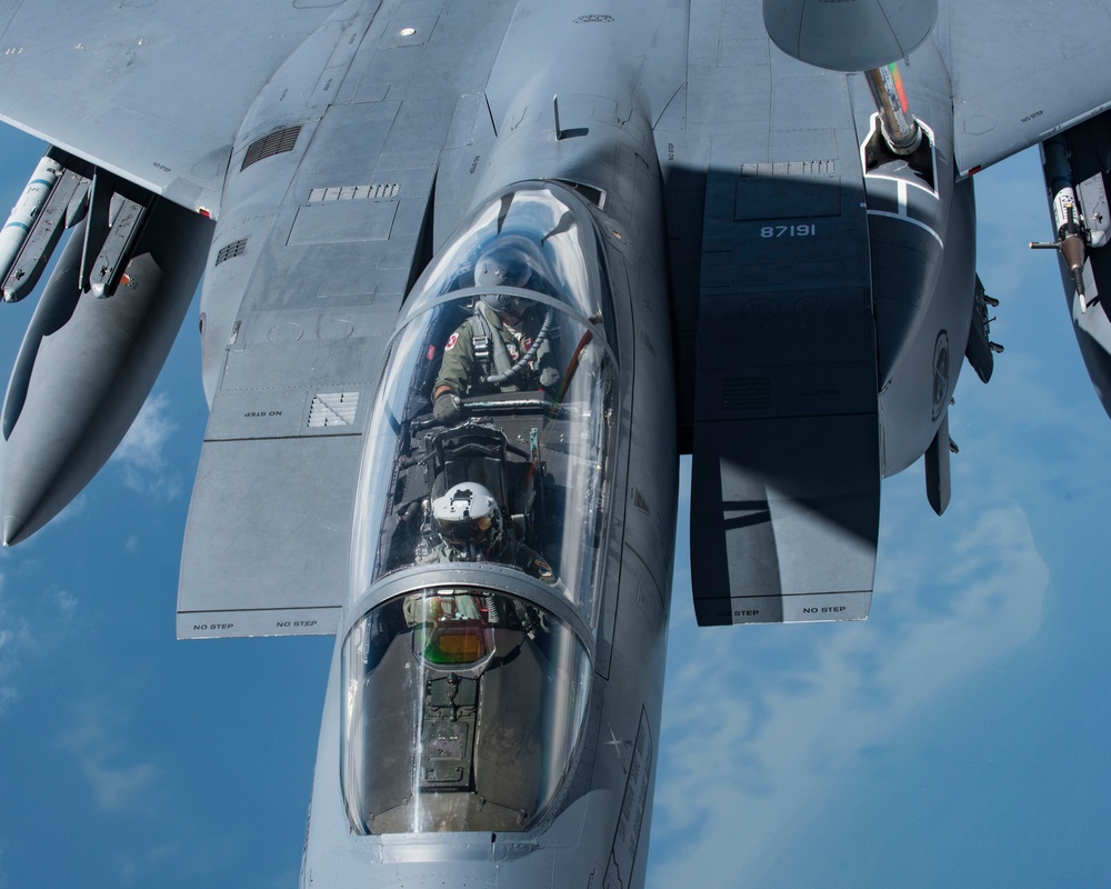 121st ARW KC-135 Stratotanker refuels Semour Johnson AFB F-15E Strike Eagles