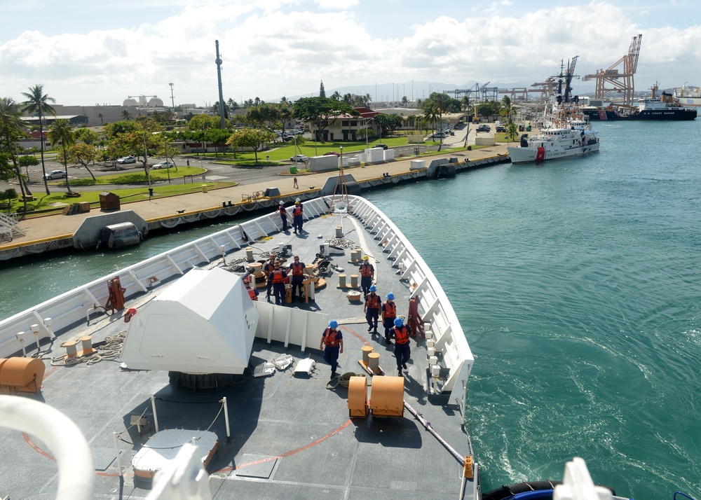 Coast Guard Cutter Bertholf gets underway from Honolulu