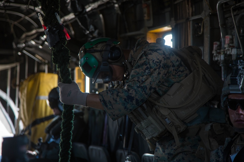 EOTG Marines fast-rope from "Warhorse" Super Stallion