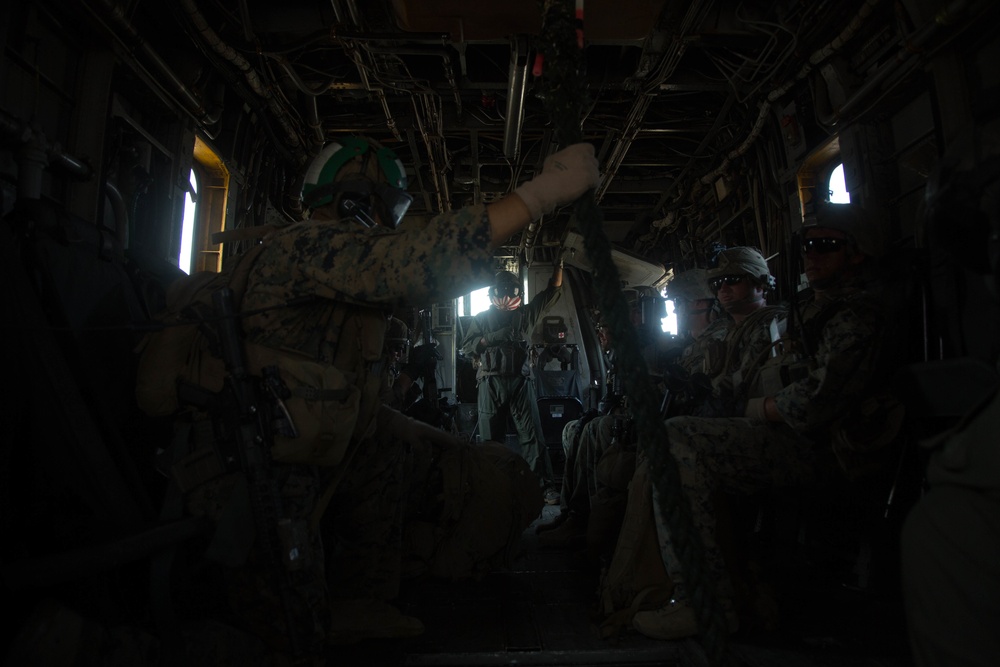 EOTG Marines fast-rope from "Warhorse" Super Stallion