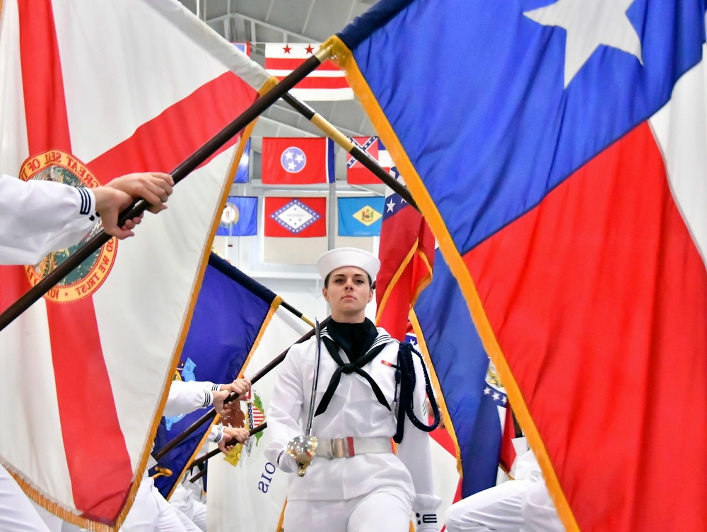 State flags recruits perform during a pass-in-review