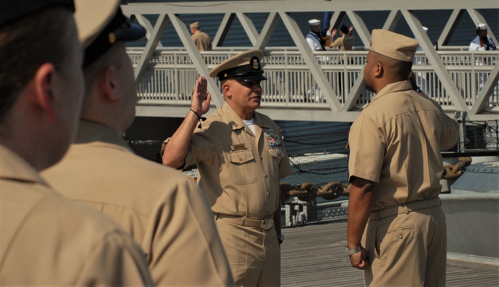 USS Wisconsin (BB-64) hosts a re-enlistment ceremony