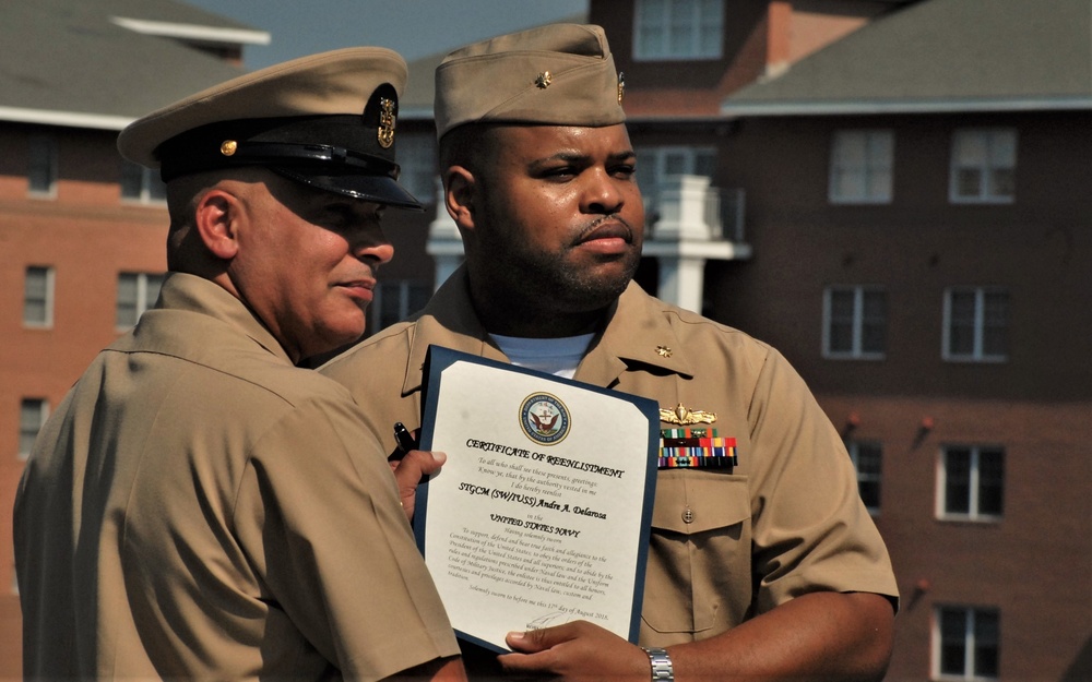 USS Wisconsin (BB-64) hosts a re-enlistment ceremony