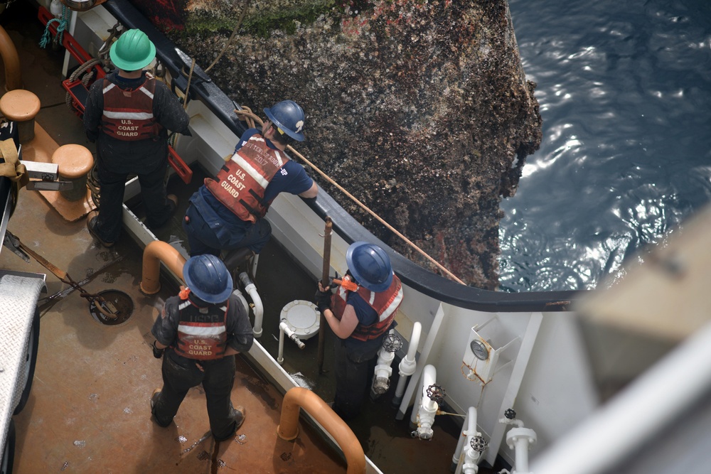 Coast Guard Cutter Fir crewmembers observe the marine growth on a whistle buoy in Panama