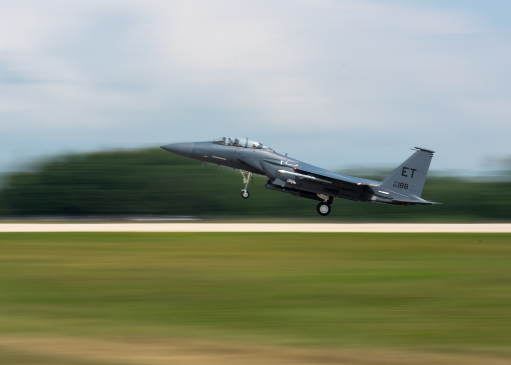 An F-15 Eagle lands at Volk Field Air National Guard Base during Northern Lightning Exercise