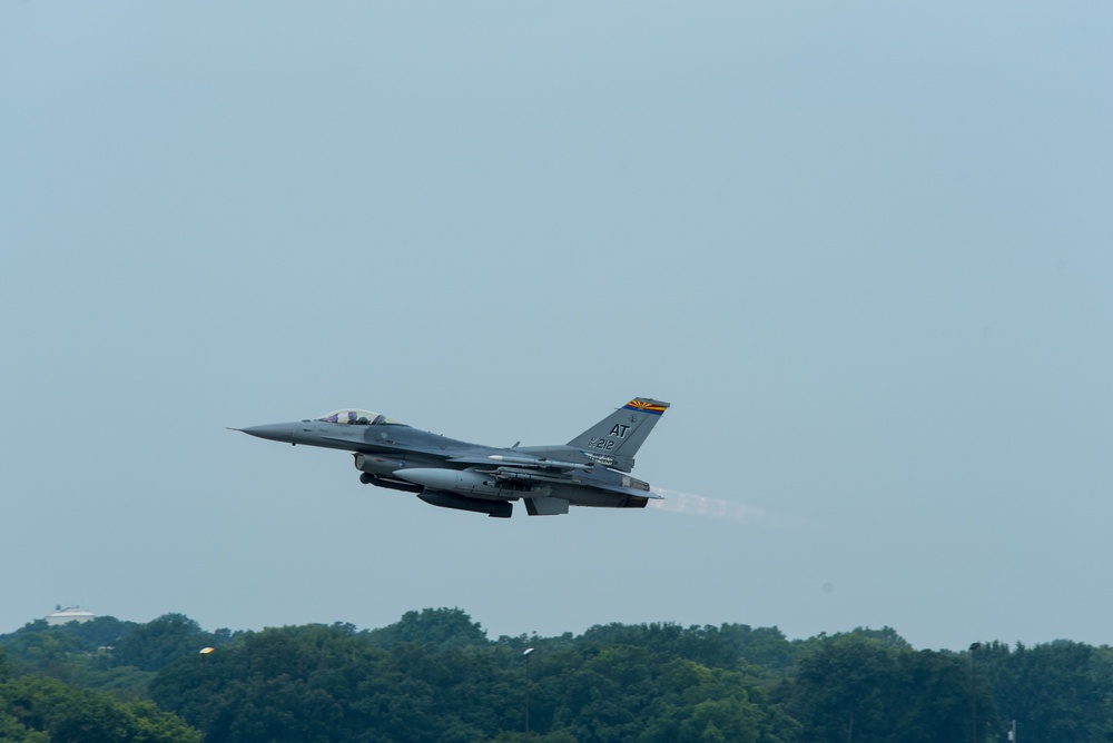An F-16 Fighting Falcon takes off from Truax Field