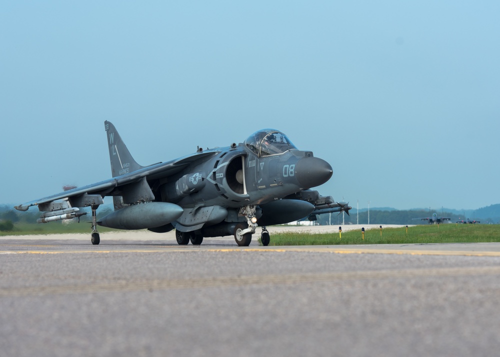 A U.S. Marine Corp Harrier II taxis to runway on Volk Field Air National Guard Base