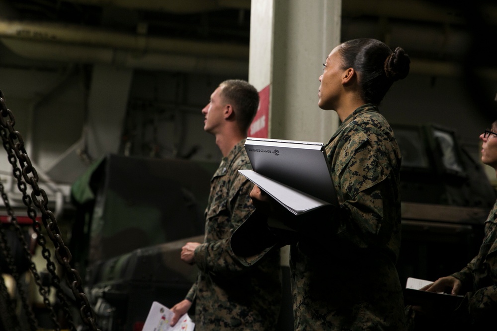 31st MEU Marines ensure all gear is aboard the USS Wasp