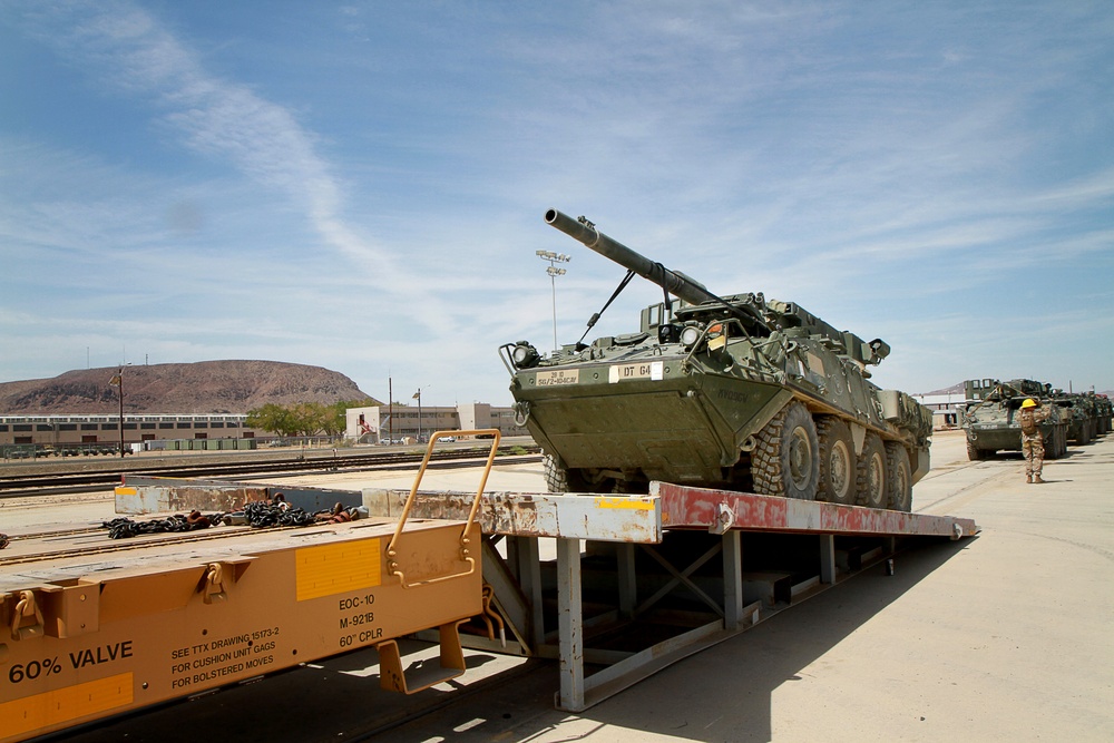 56th Stryker Brigade Combat Team stages vehicles at Yermo Railhead