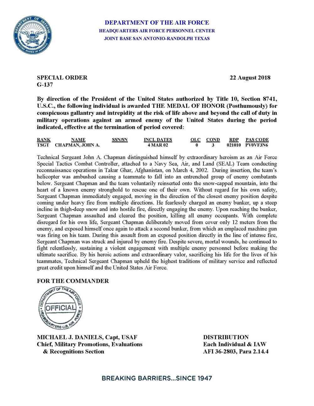 Official Citation: Tech. Sgt. John A. Chapman, Medal of Honor, page 1 of 2