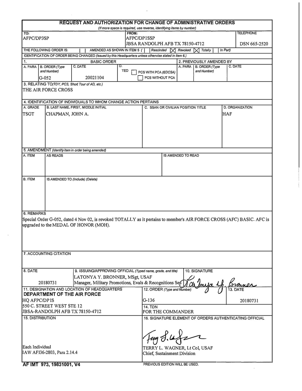 Official Citation: Tech. Sgt. John A. Chapman, Medal of Honor, page 2 of 2
