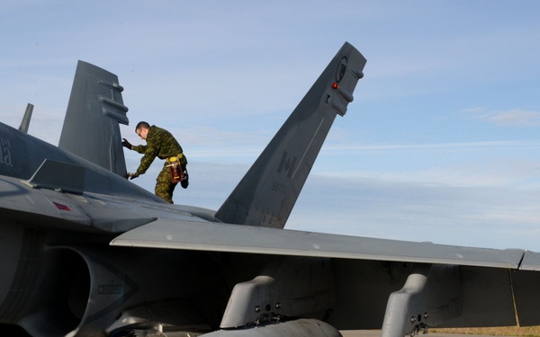 A Canadian Armed Forces technician is performing maintenance or inspection on top of a military jet aircraft, identified as a Royal Canadian Air Force CF-18 Hornet by the 'Canada' marking on the fuselage. The aircraft is parked on a tarmac and is equipped with external fuel tanks and weapons pylons visible under the wings. The image is taken from a low angle, emphasizing the underside of the aircraft and its ordnance.