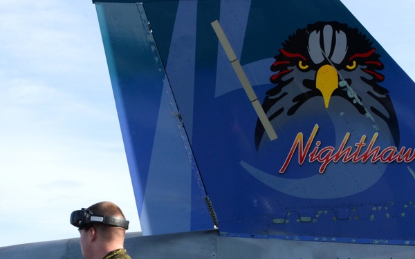 The image shows two military personnel standing near the tail section of a Canadian Armed Forces jet aircraft. The tail fin is decorated with a blue 'Nighthawks' squadron livery featuring a hawk mascot and the serial number 188778. One person wears a camouflage uniform with hearing protection, while the other wears a flight suit and helmet.