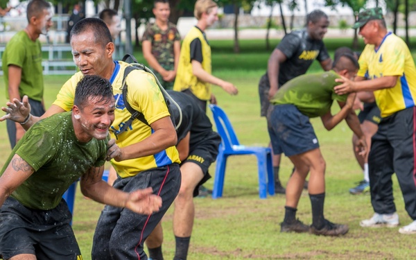 Soldiers from the U.S. Army, Army National Guard and Royal Thai Army enjoy sports day during Hanuman Guardian 2018