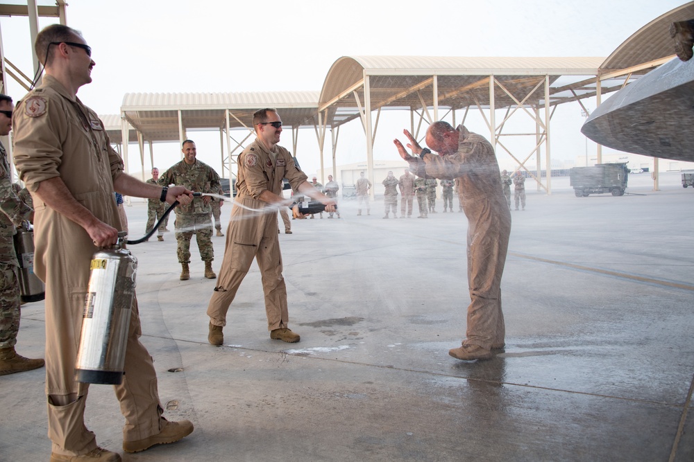 Lt. Gen. Jeffrey Harrigian celebrates final flight in F-22.