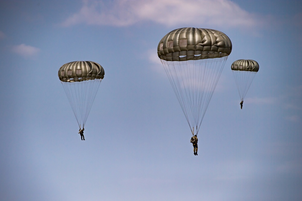 Romanian paratroopers leap from US aircraft