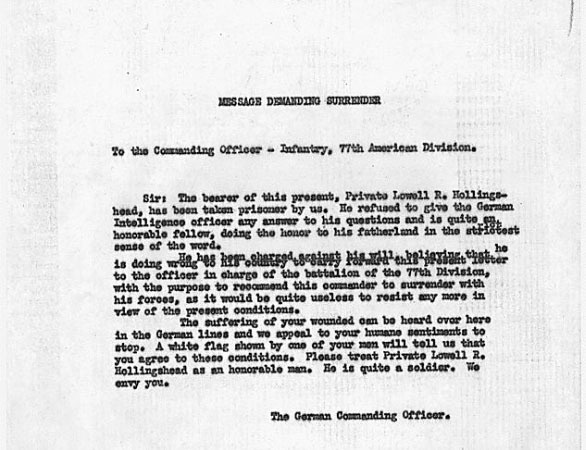 German surrender note to the Lost Battalion